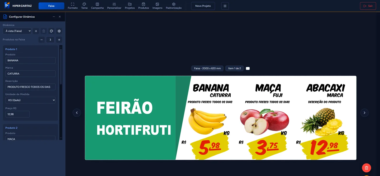 Editor de faixas do Hiper Cartaz: faixa Feirão Hortifruti com banana, maçã e abacaxi e seus preços